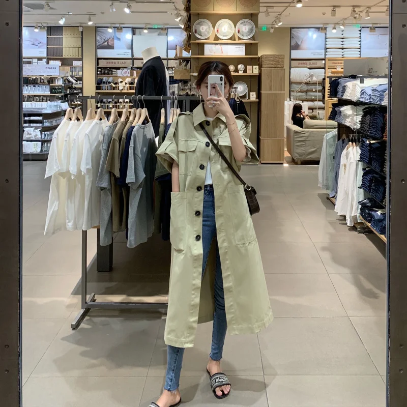 Fox Mrs. Early Autumn Vintage Khaki Single Breasted Short Sleeve Trench Coat Elegant Loose-Fit Middle Long Coat Women's