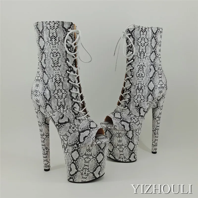 

Snake PU 20cm / 8in pole dancing high heels, toes exposed thick platform nightclub banquet show ankle boots