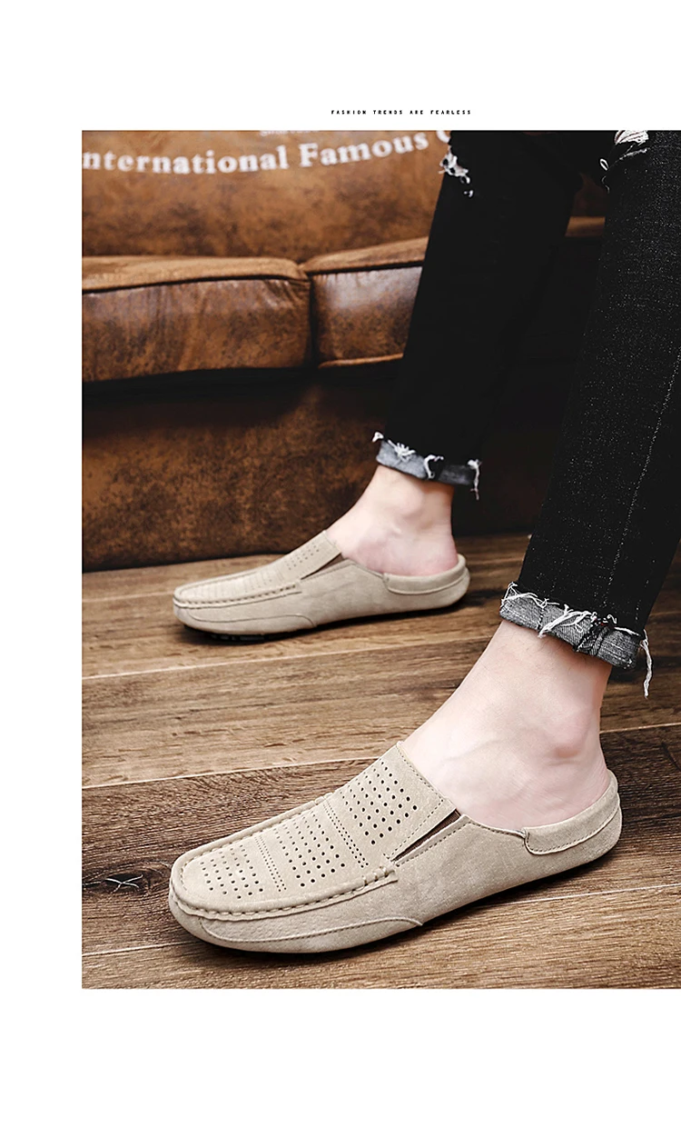 Man Summer Fashion Pig Skin Casual Half Shoe Male Breathable Soft Backless Half Loafers Hombre Open Back Leather Comfy Mocassins