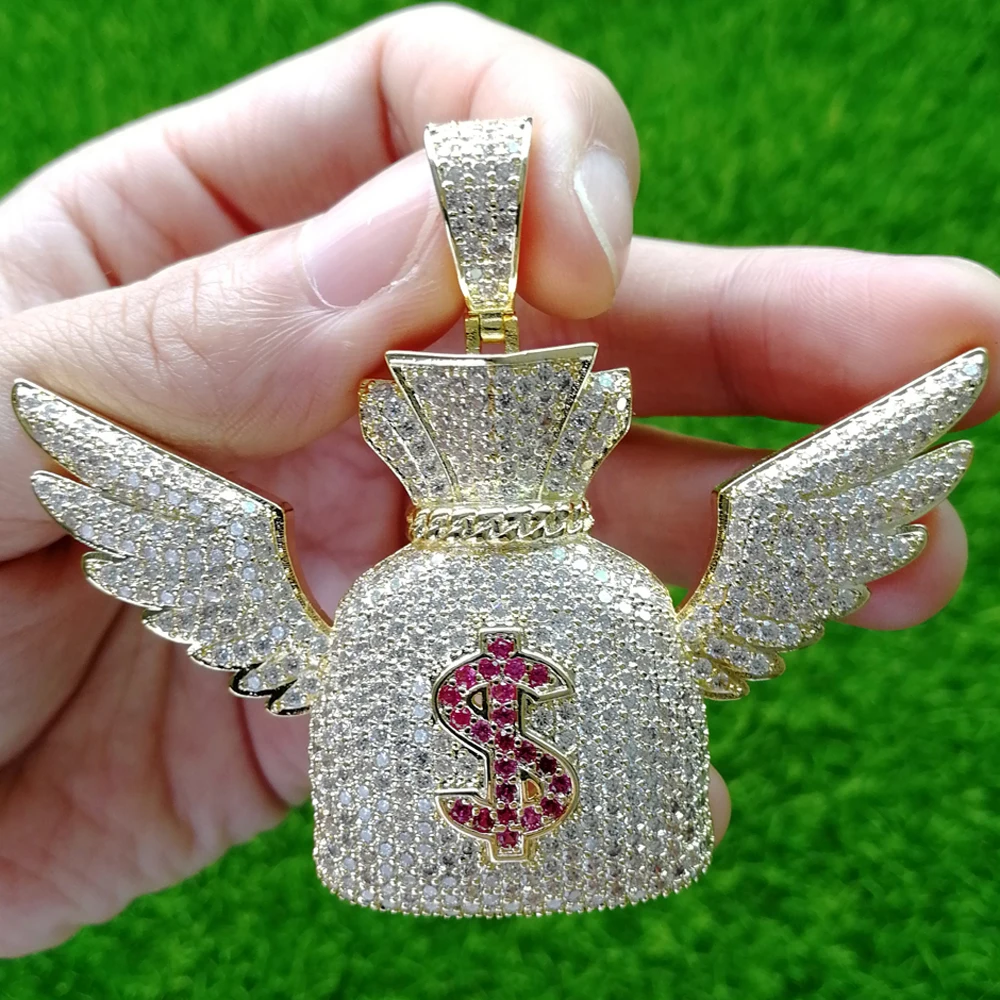 ICED OUT AAA CZ Летающий мешок для денег с крылом кукольный$ кулоны ожерелья для мужчин и женщин CN501