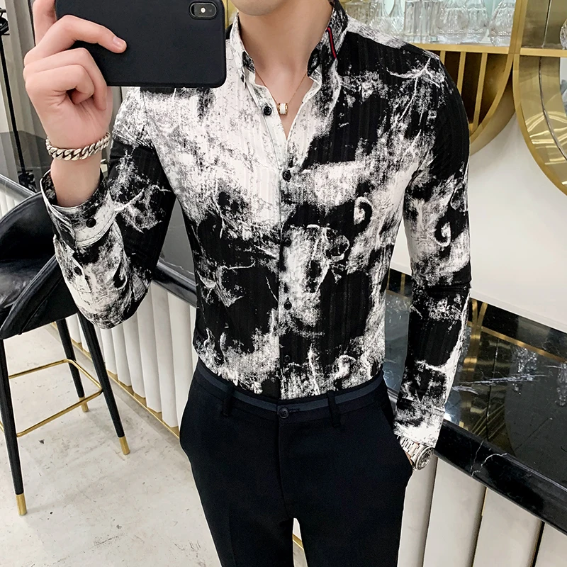 Чернильный галстук краситель Открытый воротник для мужчин Slim Fit с длинным рукавом платье рубашка Ootd