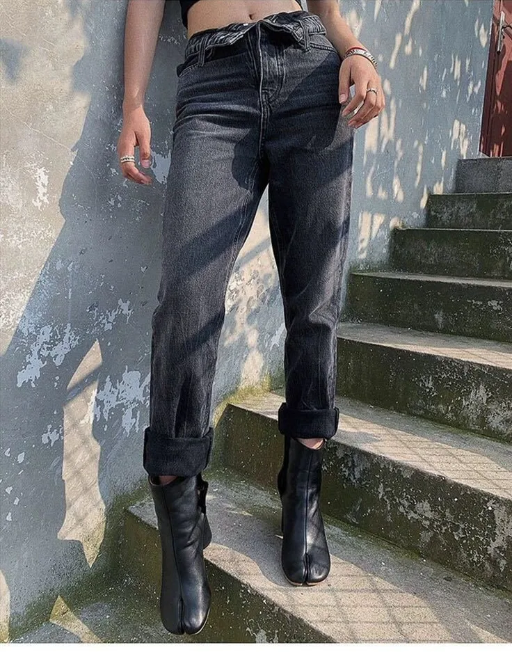 Женские джинсы с отложным поясом, хлопковые прямые джинсовые брюки с высокой талией