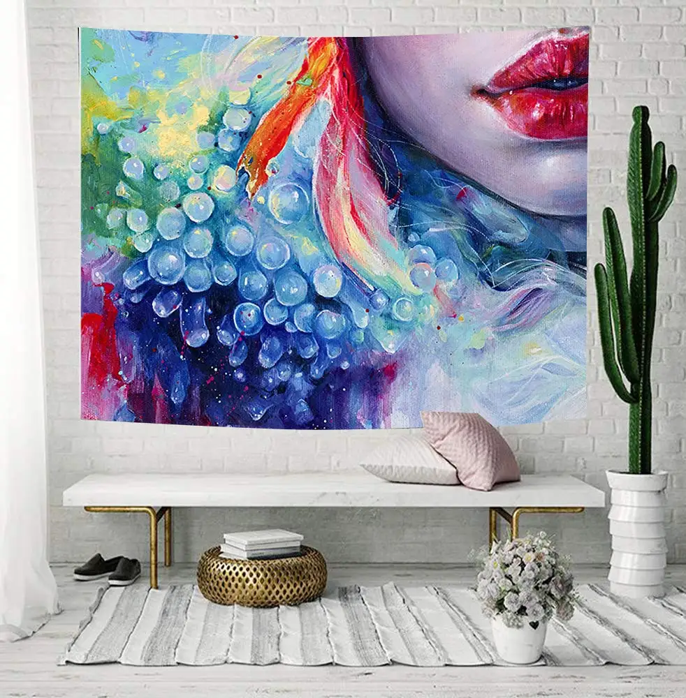 

Artistic Girl Tapestry Wall Hanging Creative Colorful Rainbow Oil Painting of Female Red Lips and Corals Wall Tapestry