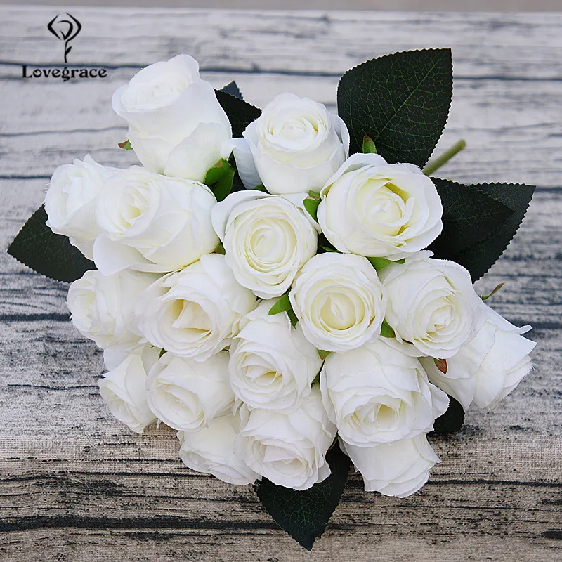 

18 Heads Roses Artificial Flowers Bridal Bouquet Silk Small Rose Head Fake Bouquet for Home Wedding Table Home Decor Faux Flower