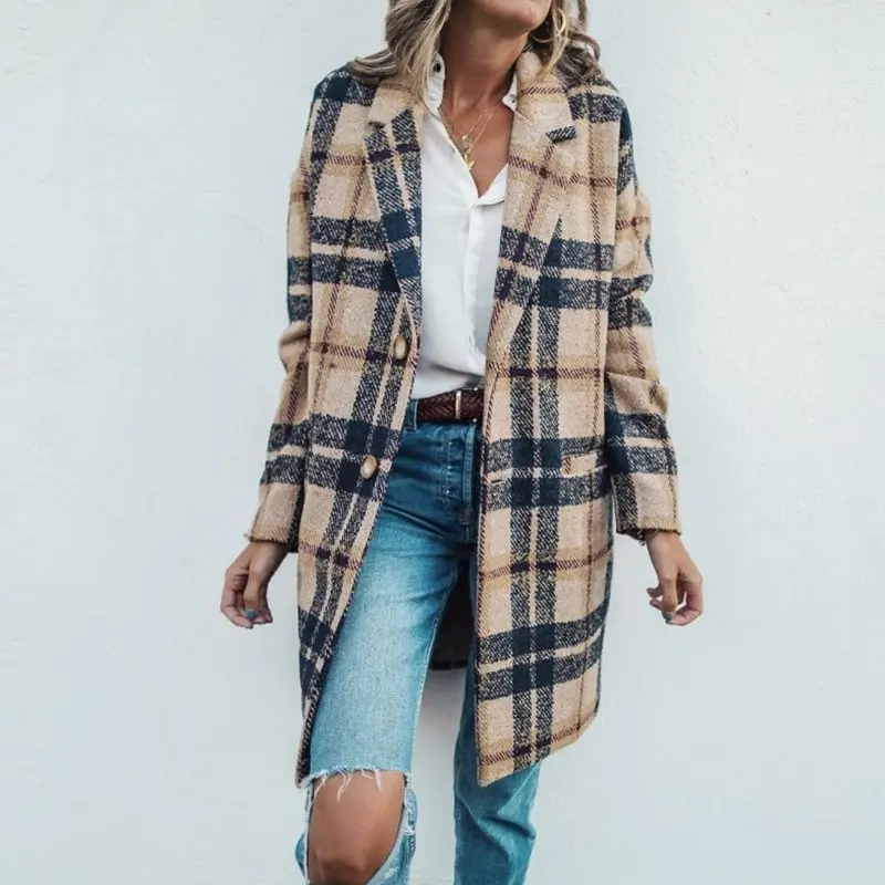 Chaquetas de marca de moda para mujer, abrigo suelto de lana con celosía de fondo largo a la moda, novedad de 2020