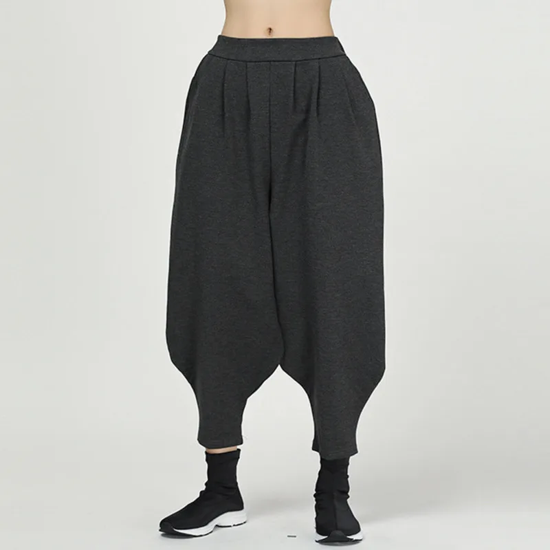 

LANMREM Gray Pleated Elastic Waist Pocket Plus Woman Straight Nine Points Carrot Pants Casual Fashion 2019 Autumn New TV911