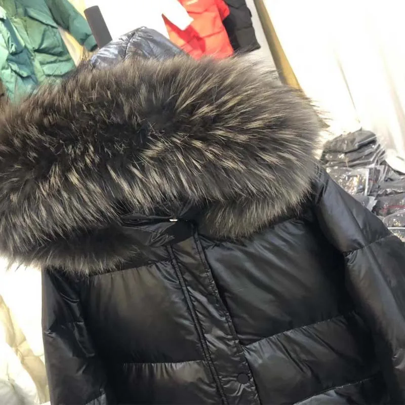 Корейский стиль, специальное предложение, длинный толстый большой пуховик с воротником из меха енота, женский свободный и большой размер
