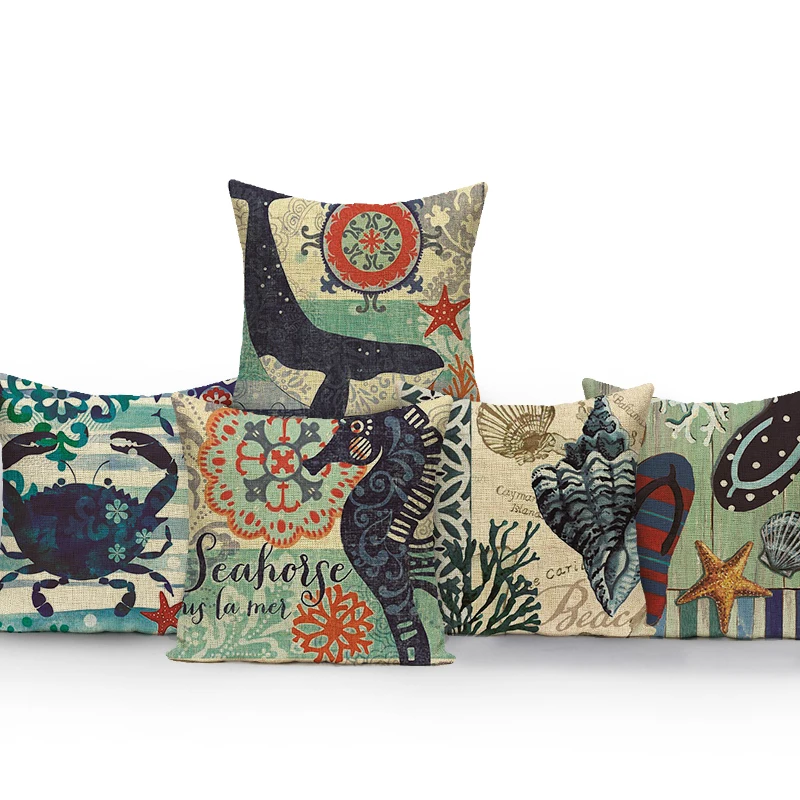 

Vintage Octopus Starfish Decorative Animal Cushion Cover Sofa Home Polyester Pillows Case Living Room Throw Pillowcover Decor