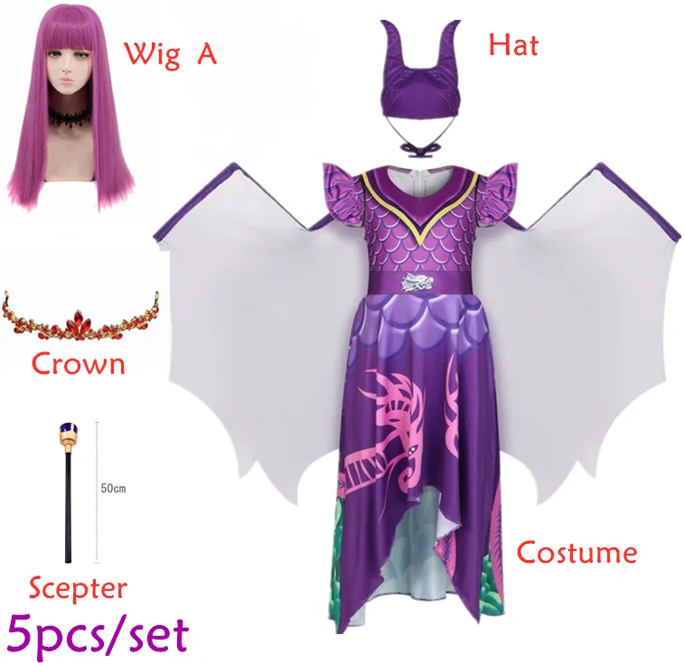 

Hot Sale Descendants 3 Cosplay Wing Horn Princess Party Girls Dresses Halloween costumes Evil Role Playing Outfits Wig Scepter
