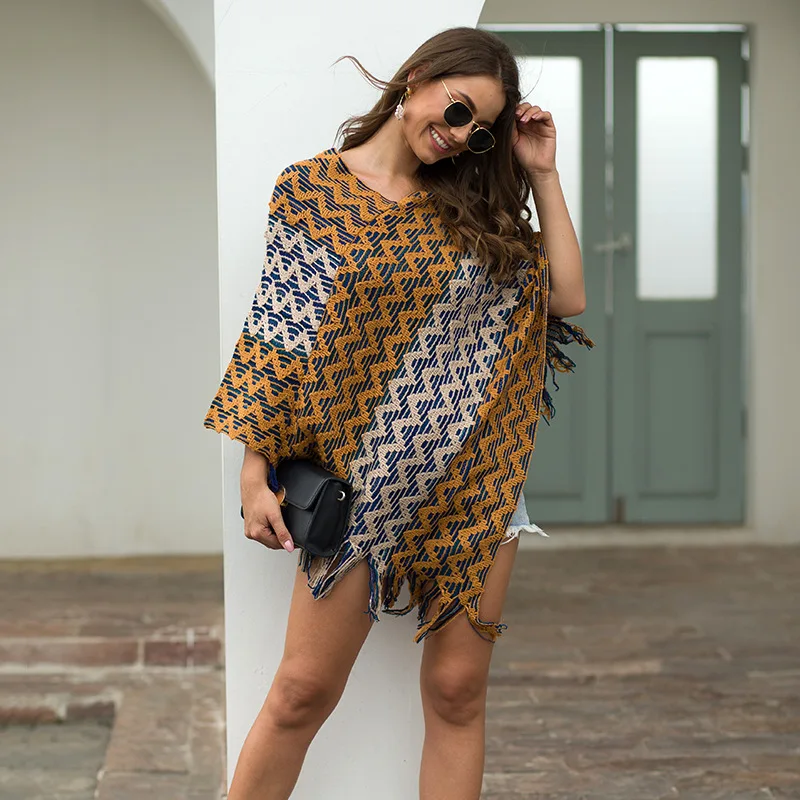 Women's Autumn Winter European American Women's Cloak Knitted Shawl Tassel Wavy Diagonal Stripes Cloak Bohemian Sweater ML201