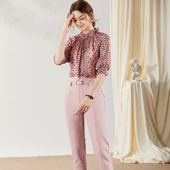 

2 Piece Set Women 2020 Spring Summer Polka Dot Ruffles Solid Color Collar Half sleeve Blouse Top + Pink Calf-Length Pant Suits
