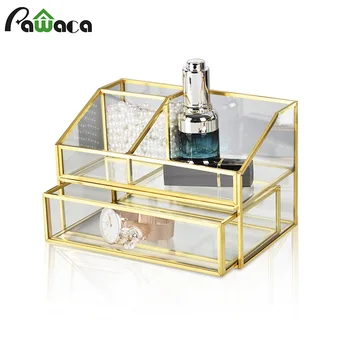

Nordic Golden Glass Cosmetics Storage Box Drawer Type Jewelry Container Case Dressing Table Multi-Lattice Classification Display