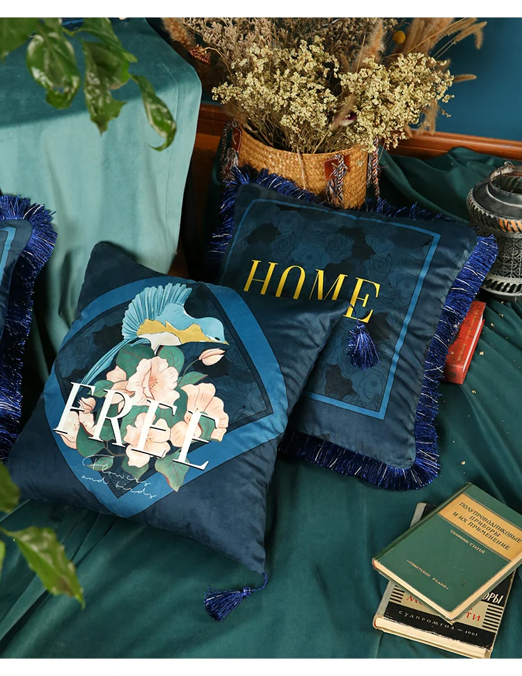 Luxury European Design Bird Velvet Tassel Cushion Cover Pillow Cover Pillowcase Home Decorative Sofa Throw Pillows Living Room