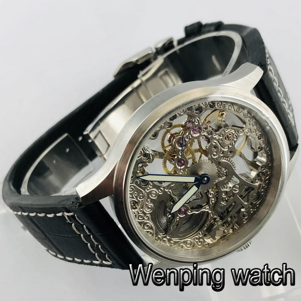Parnis мужские топ часы 43 мм сапфировое стекло Матовый Чехол 17 Jewels полный скелет движение кожаный ремешок мужские ретро часы