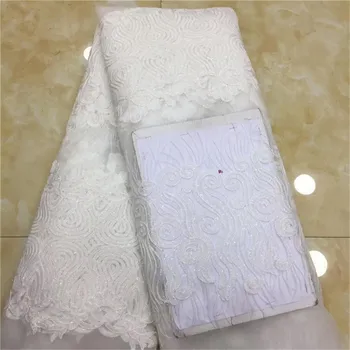 

African Net Sequins Laces 5yard Latest Nigerian Laces 2019 white silver Sequin beads Fabric For Sewing Dress Tulle Lace Fabric