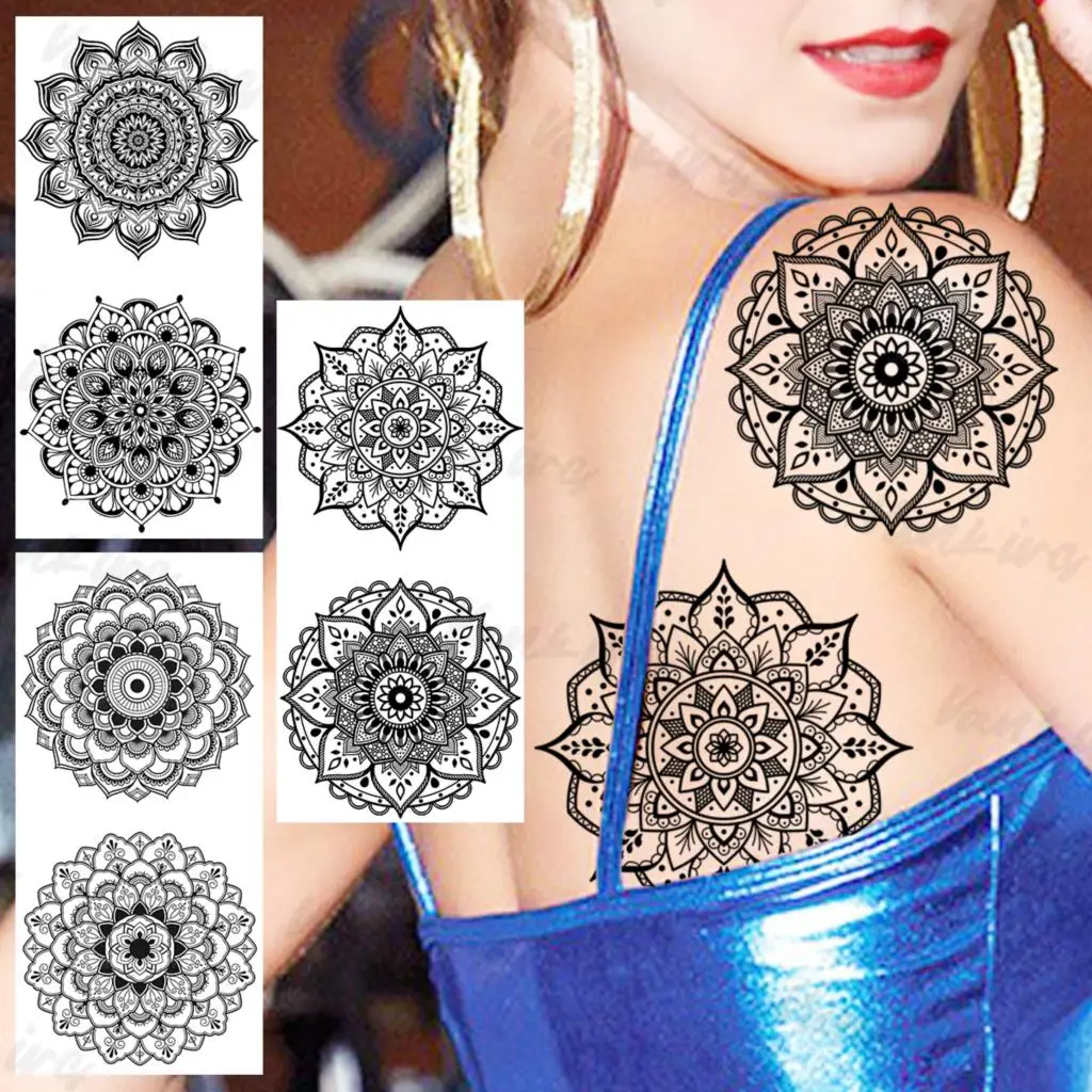

Black Henna Flower Temporary Tattoos For Women Girls Realistic Mandala Lace Fake Tattoo Sticker Sexy Back Waist Tatoos Creative