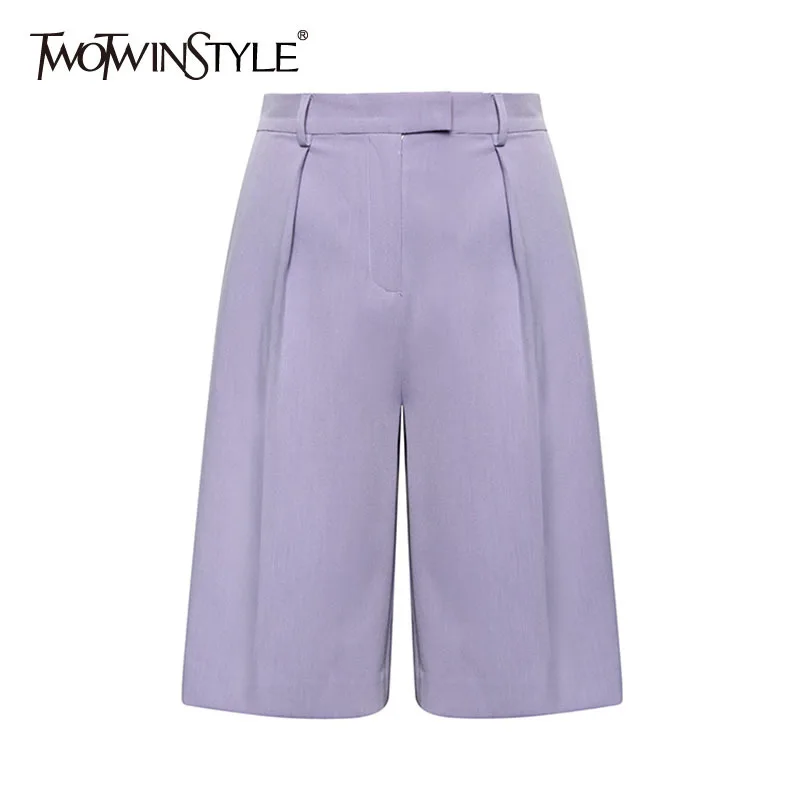 TWOTWINSTYLE Casual Purple Wide Leg Pant For Women High Waist Pleated Knee Length Suits Pants Female 2020 Summer Fashion New TWOTWINSTYLE Casual Purple Wide Leg Pant For Women High Waist Pleated Knee Length Suits Pants Female 2020 Summer Fashion New