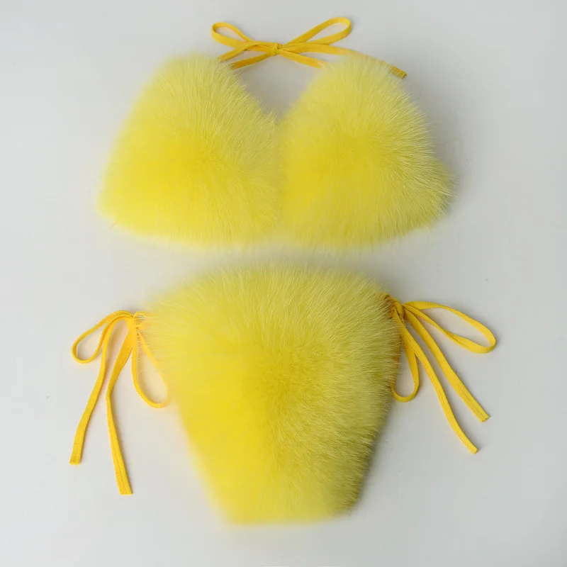 Пикантные женские меховые тапочки; комплект с бюстгальтером из меха; пушистые шлепанцы с натуральным лисьим мехом; женские повседневные домашние тапочки; Женская пушистая плюшевая обувь - Цвет: Yellow bra
