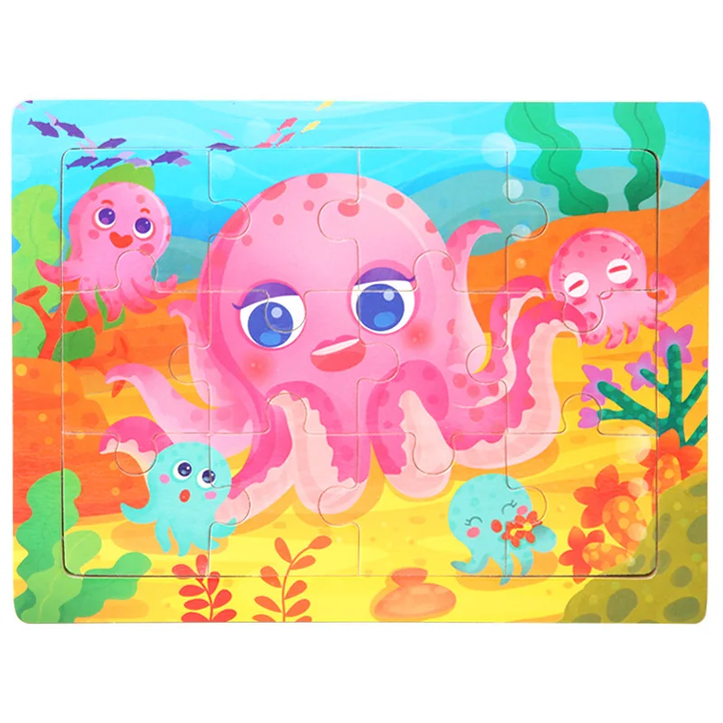 

12 pieces Wooden Toys Pink octopus puzzle Board Educational Early Learning custom puzzles animals recognizeChildren kids toy