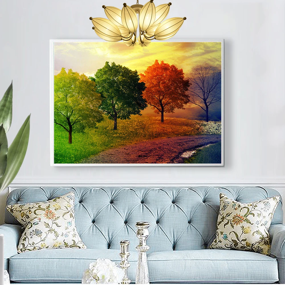 Huacan 5d Diamond Painting Four Seasons Tree Farmhouse Home Decor