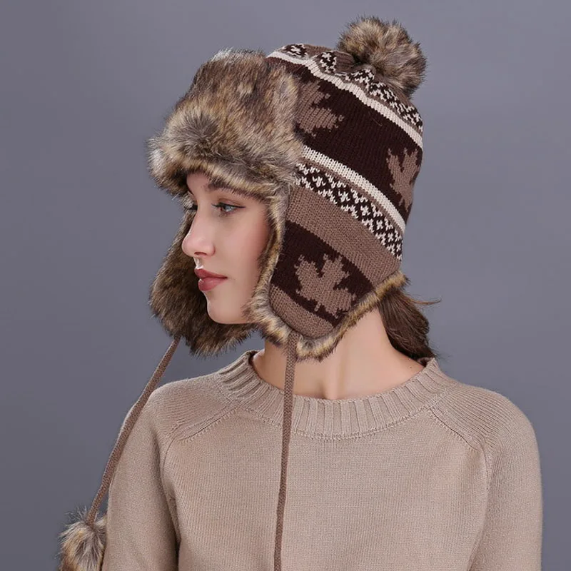 brown leather bomber hat Winter Beanie for Women Maple Leaf  Earmuffs Hat Plush Outdoor Knitted Wool  Bomber Hats Snow Ski Thick Knit Wool Fluffy Hat warmest bomber hat Bomber Hats