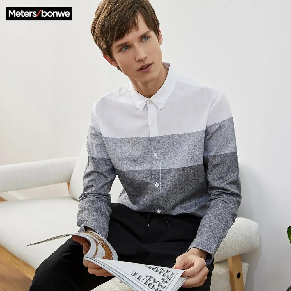 Мужская рубашка в полоску Metersbonwe повседневная приталенная хлопковая с длинными