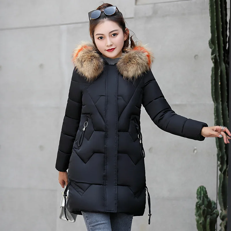 

New Style down Jacket Cotton-padded Clothes Mid-length 2019 New Style Korean-style Cotton-padded Jacket Thick Large Fur Collar W