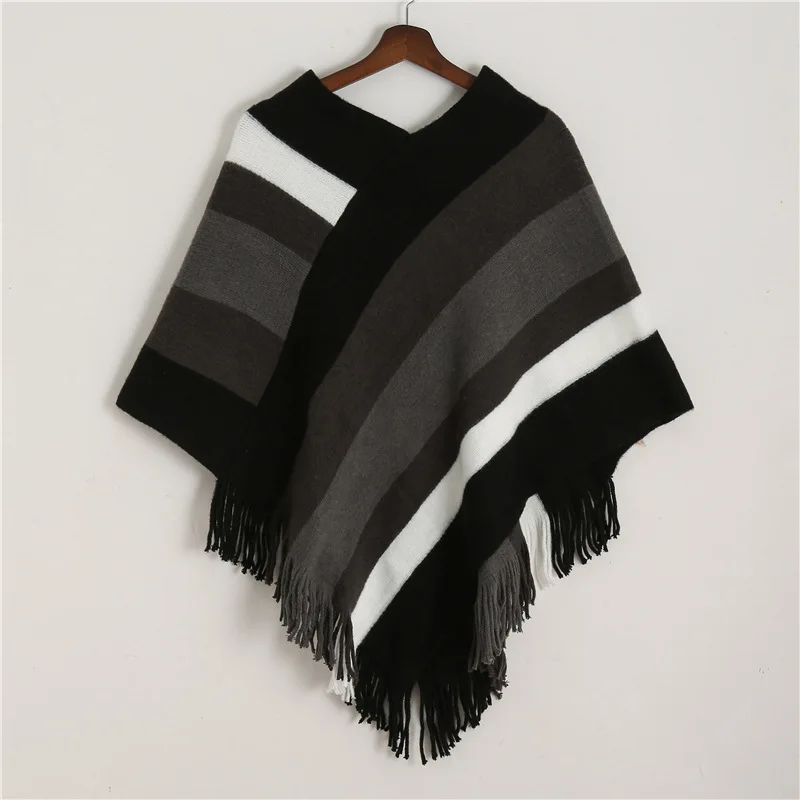 New stripe winter women scarf cashmere lady fashion poncho and caps thick warm coat Elastic knit pashmina shawl wrap stoles