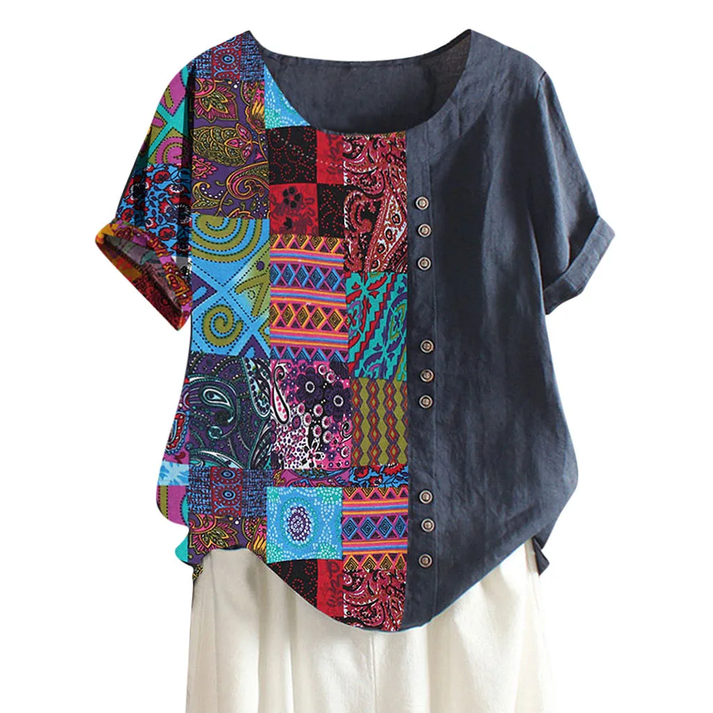 

5XL Plus Size Women Tunic Shirt O-Neck Printed Loose Blouse Linen Button Short Sleeve Summer Blouse Women Cloth camisa feminina