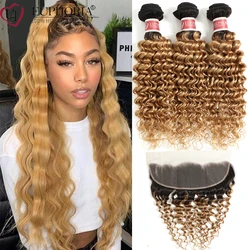 Ombre Blonde Brazilian Remy Human Hair Deep Wave 3 Bundles With Lace Closure Frontal T1b/27 Bundles With 13x4 Frontal EUPHORIA