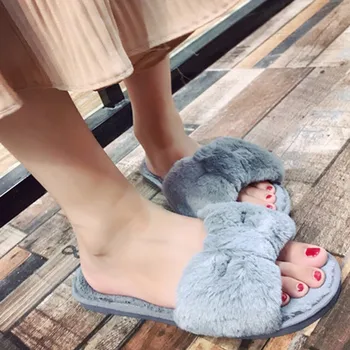 

Women Fur Shoes Home Slippers Warm Bow Knot Plush Soft Slippers Indoors Floor Bed Room Shoes Cute Winter Flip Flops Pantufa