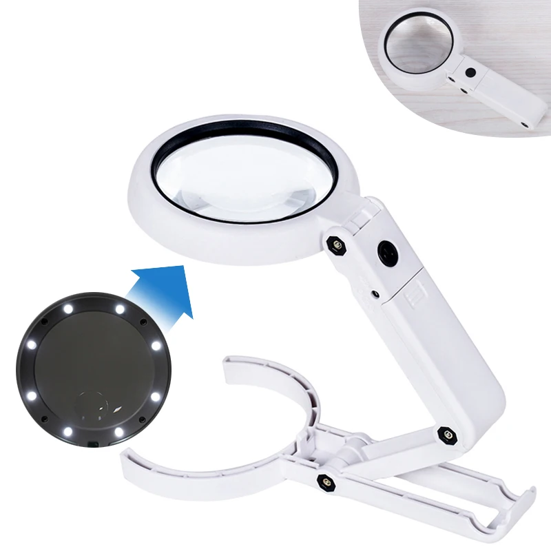 

Foldable Magnifier 5X 11X Magnifier Lamp For Newspape 8 LED Table Desk Stand Handheld Portable Magnifying Glass Loupe C