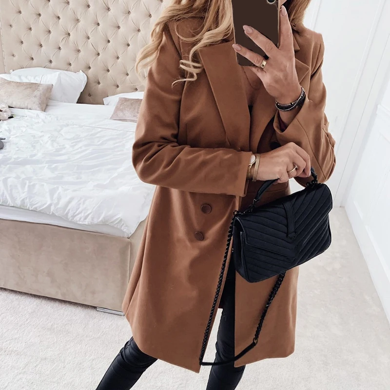 Autumn Woolen Jacket Office Lady Turn-Down Collar Overcoat Slim Winter Wool Blends Oversize 3XL Women Long Coat Outerwear G1048 - Цвет: Khaki