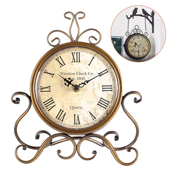 

Retro Style Battery Powered Round Desktop Home Decor Coffee Bar Quiet Office Bedroom Table Clock Pointer Digital Iron Art Hotel