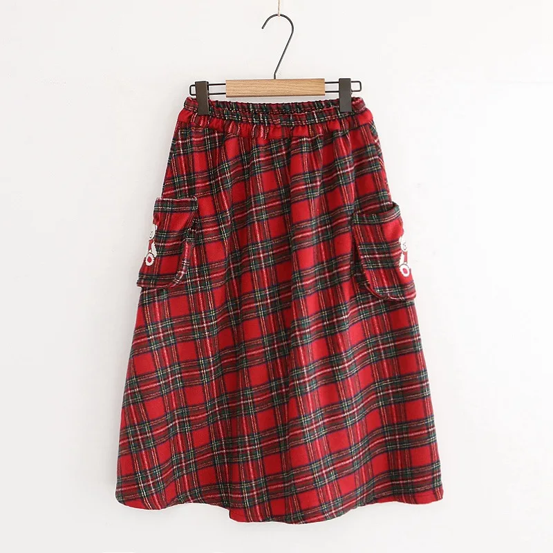 

Retro Plaid Bear Embroidered Stereo Pocket Mid-length Woolen Slimming Skirt GIRL'S Skirt S29240