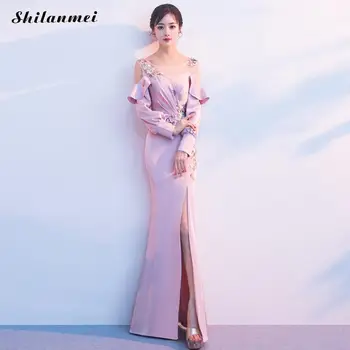 

Satin Evening Party Dress Autumn Ruffles Applique Mermaid Dresses Elegant Mesh Patchwork Slit Long Dress Vestidos De Festa Pink