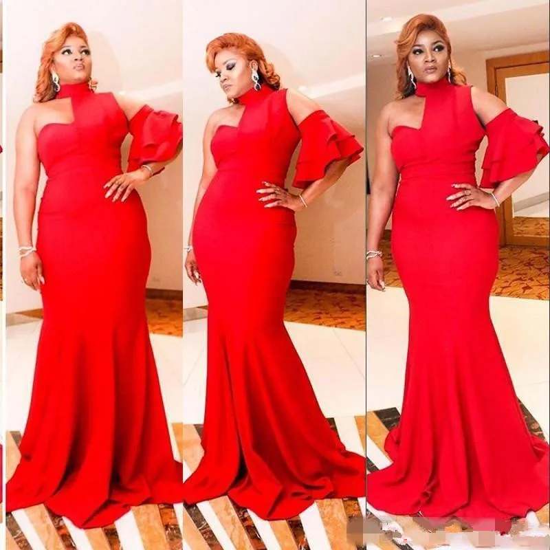 

2020 New Design Red Formal Evening Dresses Saudi Arabia Halter Mermaid Prom Party Dresses One Short Sleeve Simple African Women