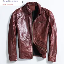 Мужская куртка из натуральной кожи, винтажное пальто из натуральной коровьей кожи, демисезонная мотоциклетная куртка из воловьей кожи KJ2538