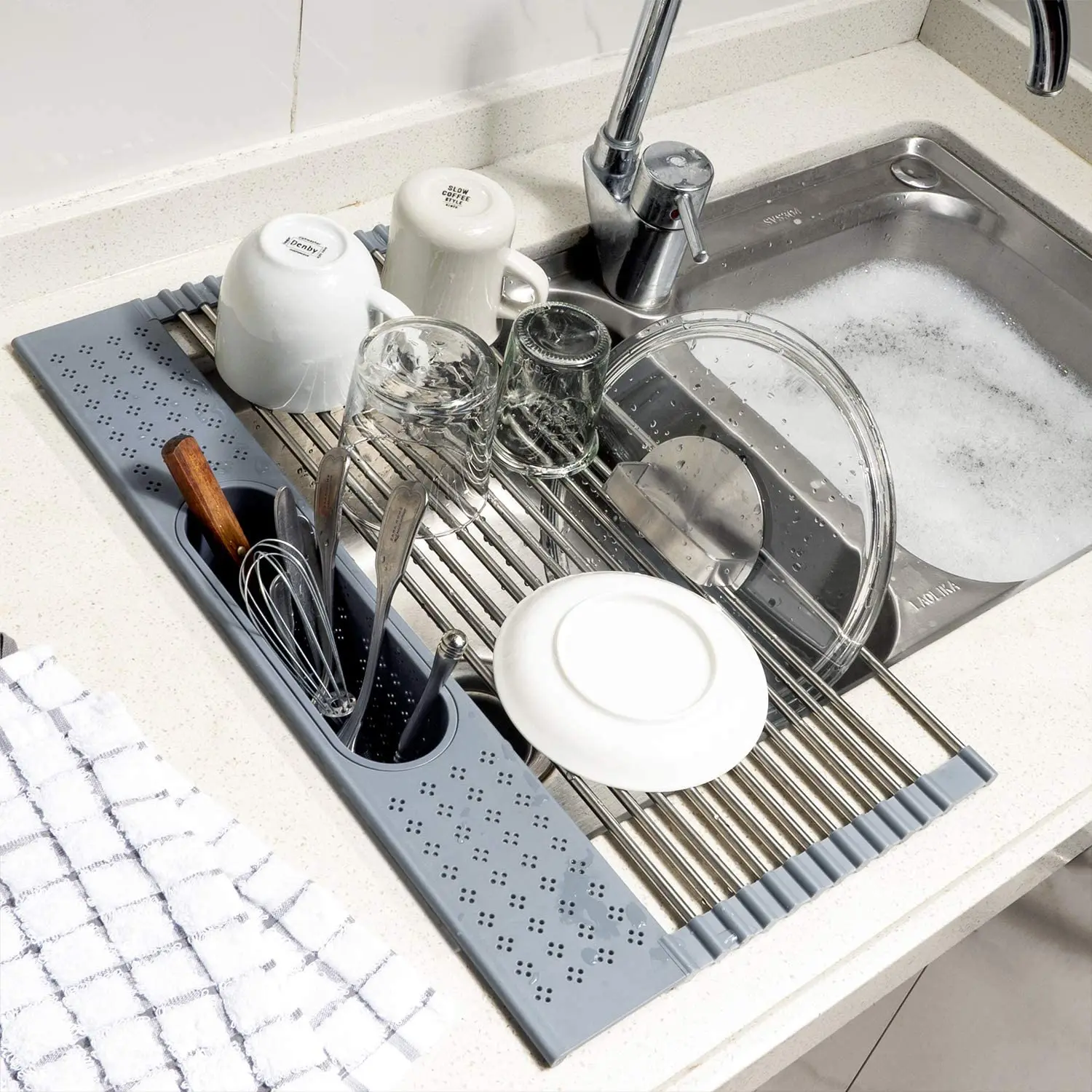 Teleskop-Spülbeckenregal, Seifen- und Schwammabtropfgestell, Aufbewahrungskorb, Tasche, Wasserhahnhalter, verstellbarer Badezimmerhalter, Spüle, Küchenzubehör_voghion.com