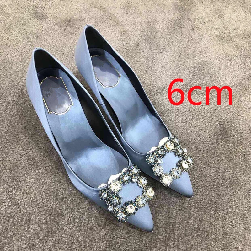 6cm sky blue Люксовый бренд высокая обувь на каблуке женские туфли-лодочки на высоком каблуке с модные классические Стразы с квадратной пряжкой; Свадебная обувь с украшением женские туфли-лодочки mujer - Цвет: 6cm sky blue