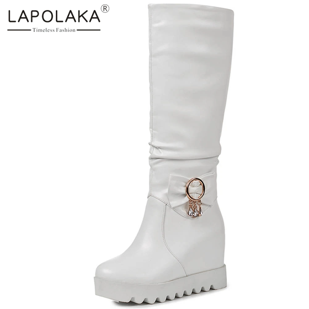 

Lapolaka New Fashion Large Size 30-43 Platform Metal Decoration Shoes Woman Boots Increasing High Heels Mid Calf Boots Women