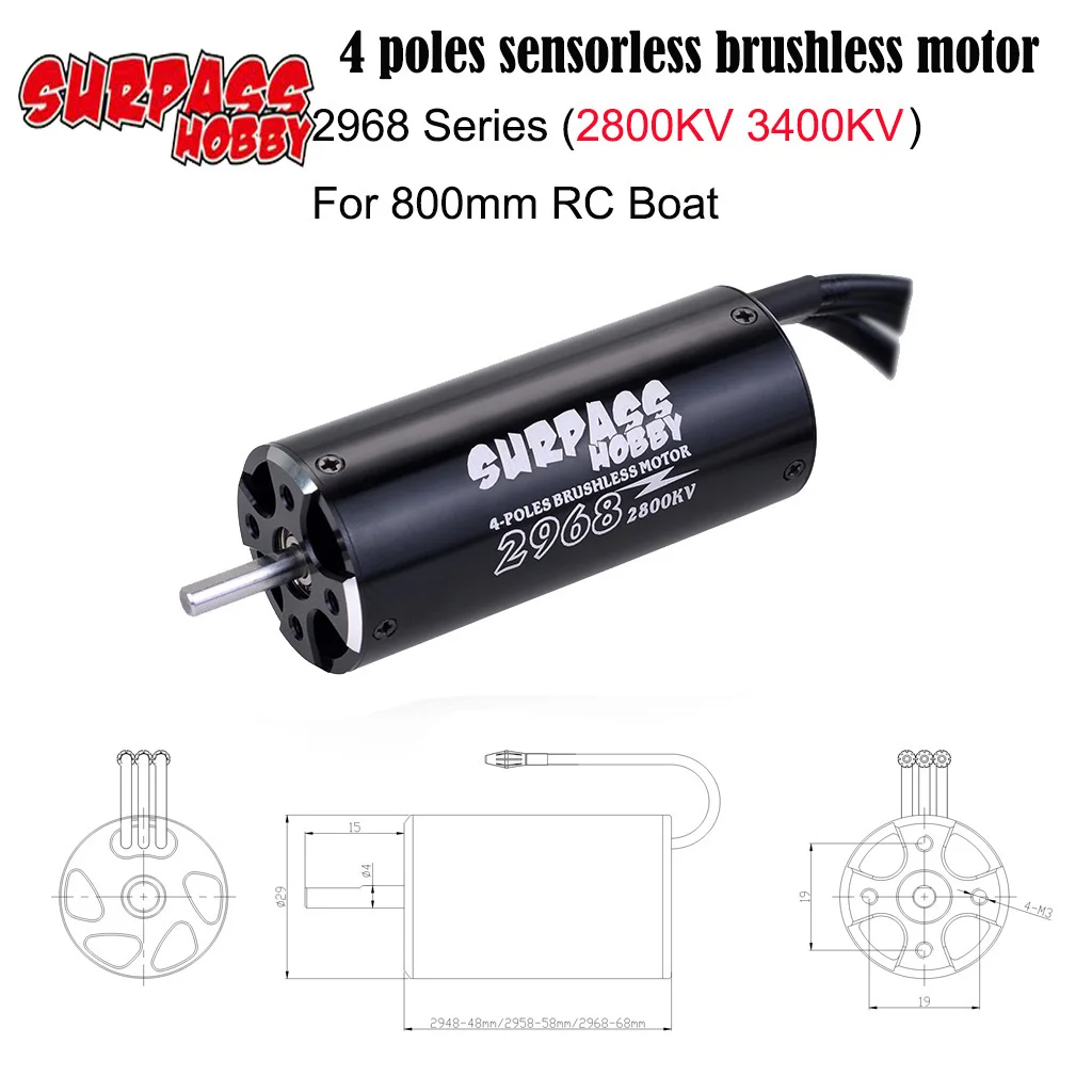

SURPASS HOBBY 2968 2800KV 3400KV 4 Poles Brushless Waterproof Motor for 800mm RC Boat