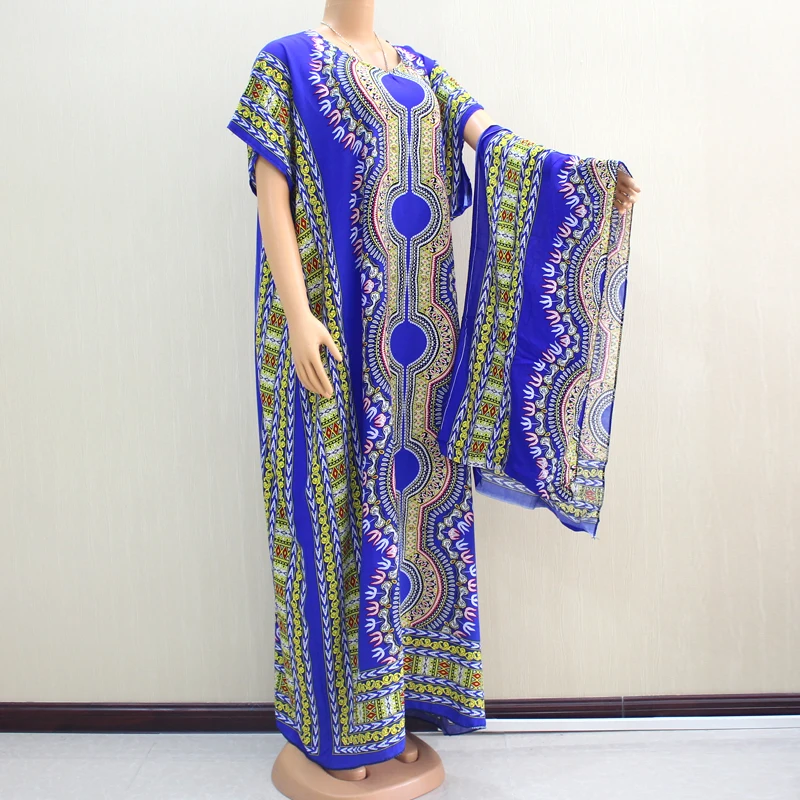Dashikiage Африканский Дашики тройной узор печатных Розовый Чистый хлопок элегантное женское платье - Цвет: Синий
