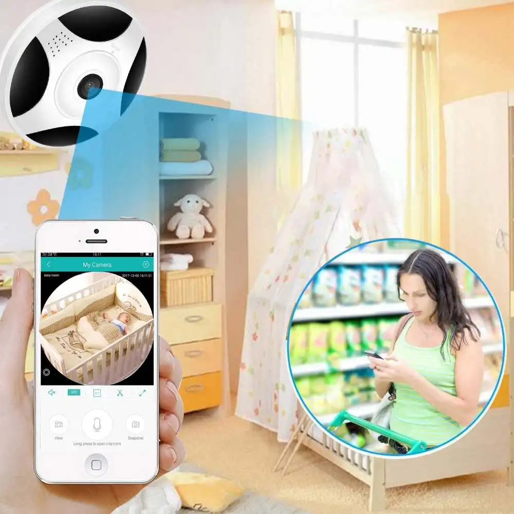 200W 1080P панорамная камера WiFi 360 ° Беспроводная ip-видеокамера WiFi 1080P Аудио слот для sd-карты Mini Baby видеоняни