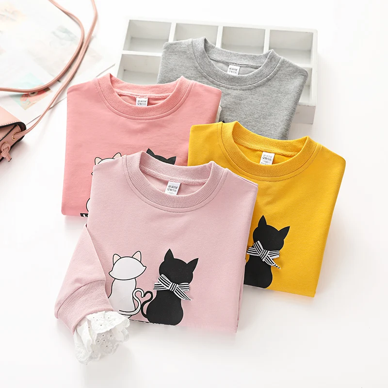 Baby Girl Sweatsghirt Autumn New Toddler Cartoon Cat Sweaters Kids Mesh Patchwork Pullovers Top Tees Toddler Outwear 2-7Y