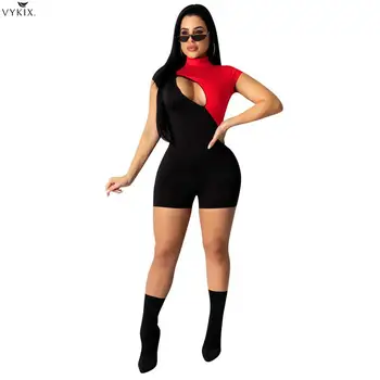 

Sexy Jumpsuit Zipper Hollow Out Color Patchwork Women Jumpsuit Mock Neck Short Sleeve Casual Slim Romper Shorts Summer Playsuits