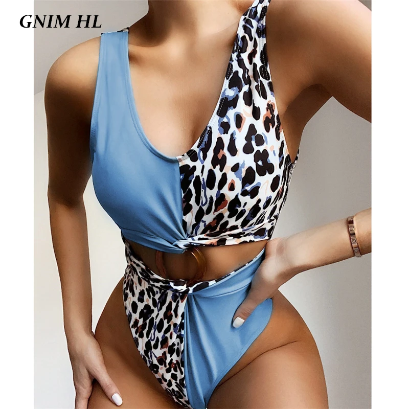 

GNIM One Piece Bikini Swimwear Women 2020 Leopard Stitching Bathing Suit Women Summer Beachwear Hollow Out Brazilian Swimsuit