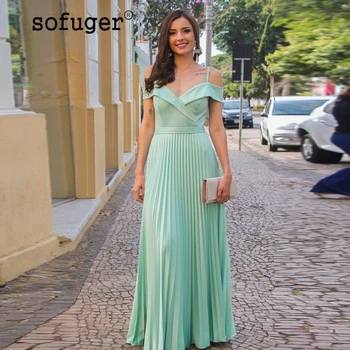 

Mint Green Wrinkle Evening Dresses Off the Shoulder Sweetheart Satin Simple Arabic Muslim Special Occasion Formal Evening Gown