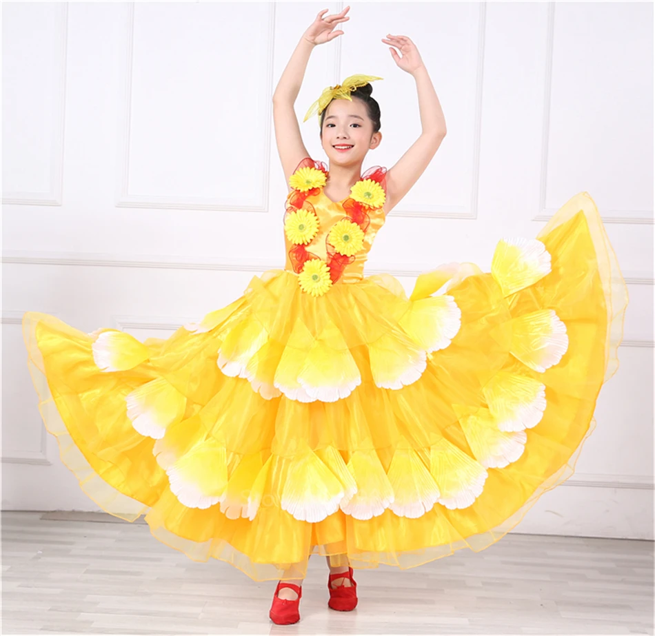 Новогоднее испанское платье для Фламенго для девочек, танцевальная Цыганская юбка для женщин, испанское платье с лепестками фламенко, одежда для сцены