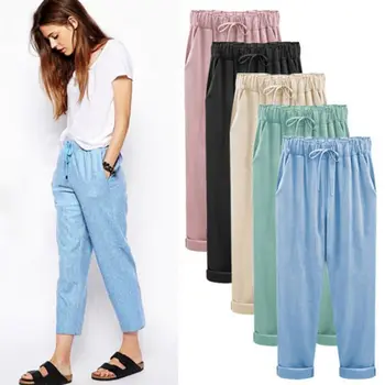 

Women Comfy Harem Pants Female Mid Waist Lace Bow Pants & Capris Elastic Drawstring Solid Color Loose Straight Trousers